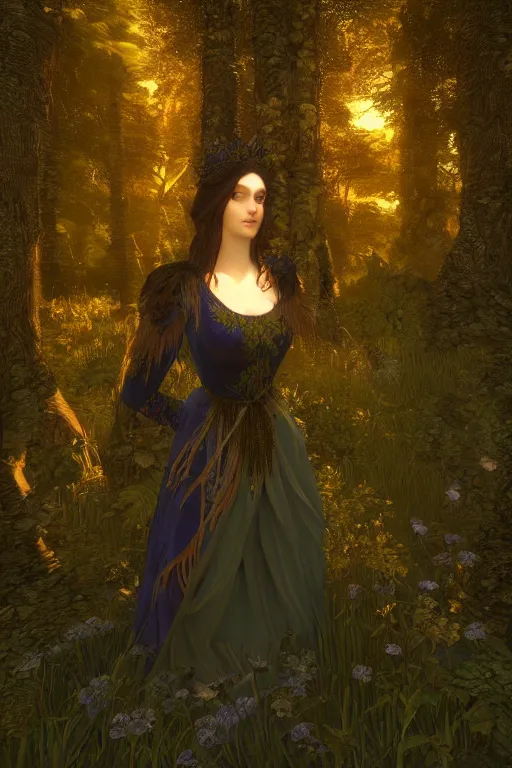 Prompt: portrait of the queen of night in a forest clearing at twilight| richly embroidered velvet| lush foliage | dramatic lighting | Maxfield Parrish and John Waterhouse |featured on Artstation |unreal engine