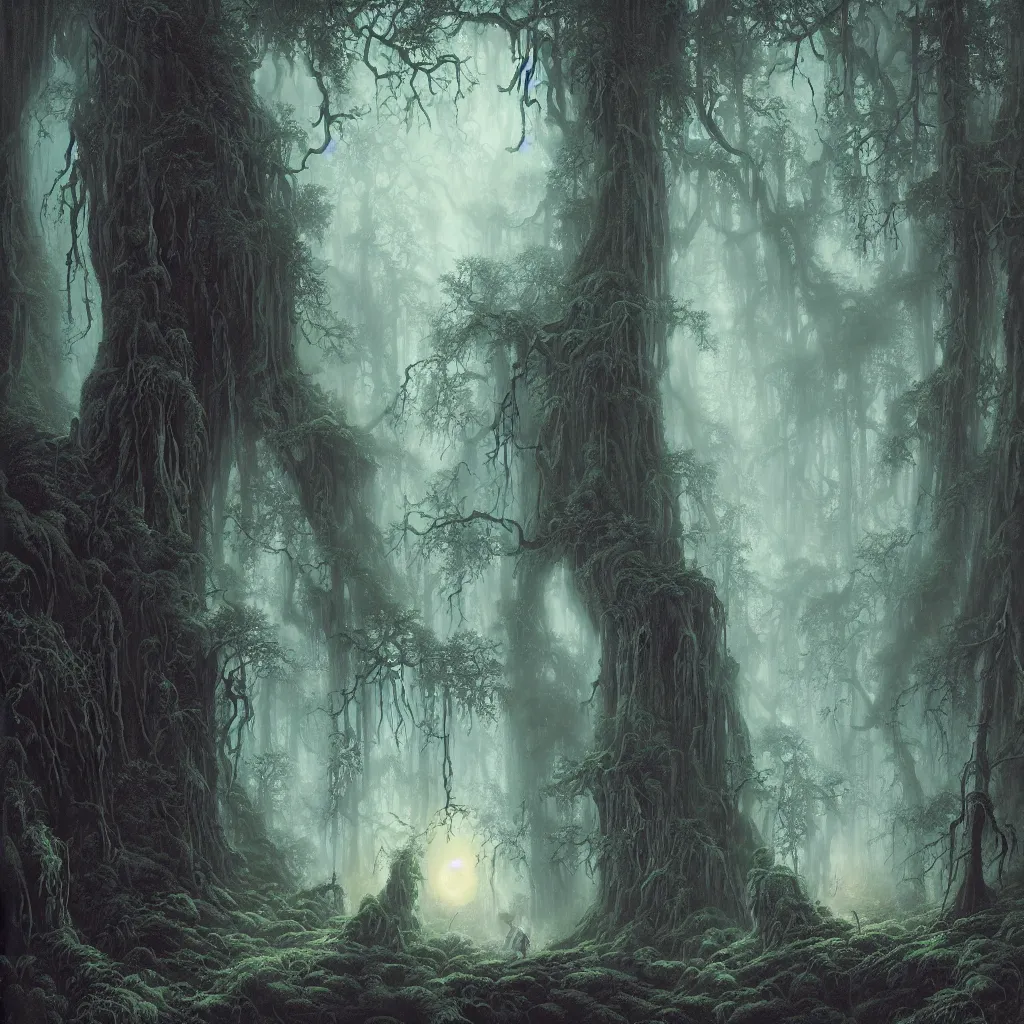 Image similar to a dark lush haunted sequoia forest at night, upward cinematic angle, J.R.R. Tolkien, by Rodney Matthews, P. Craig Russell and Andreas Rocha, dim moonlight, beautiful composition, intricate, elegant, digital art, detailed, mixed media painting, hyperrealistic, sharp focus, 8k