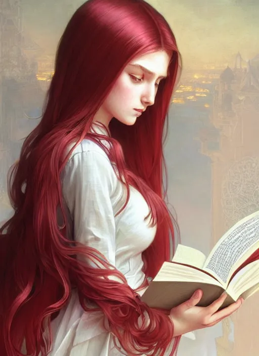 Image similar to perfectly - centered - portrait of a girl reading a book, white long hair with red motives, intricate, highly detailed, digital painting, artstation, concept art, smooth, sharp focus, illustration, unreal engine 5, 8 k, art by artgerm and greg rutkowski and alphonse mucha