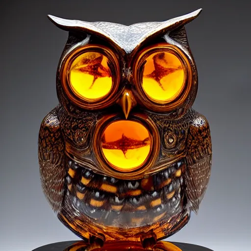 Prompt: symmetrical detailed sculpture of an owl, made of Amber