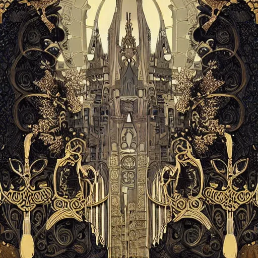 Prompt: a beautiful city made of ivory and gold, highly intricate, digital art, very detailed, in the style of a weird and dark eerie liminal art nouveau flemish painting