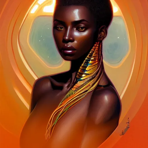 Prompt: portrait of very very very very very very beautiful african woman, spacesuit, orange eyes, intricate, elegant, highly detailed, digital painting, artstation, concept art, smooth, sharp focus, illustration, art by artgerm and greg rutkowski and alphonse mucha