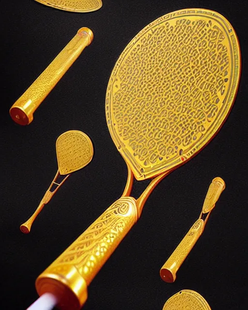 Image similar to A ping pong launcher weapon, highly detailed, intricate gold patterns, sharp focus, art by Artgerm and Greg Rutkowski and WLOP