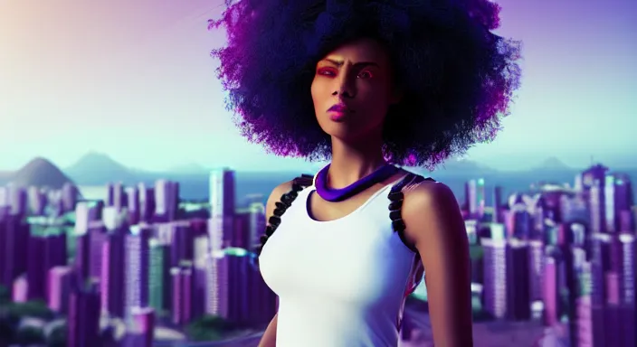 Prompt: portrait of beautiful cyberpunk black woman with afro hair, rio de janeiro pao de acucar corcovado ipanema on the background, blue and purple digital art trending on artstation, beeple, soft lighting, bokeh, vibrant colors