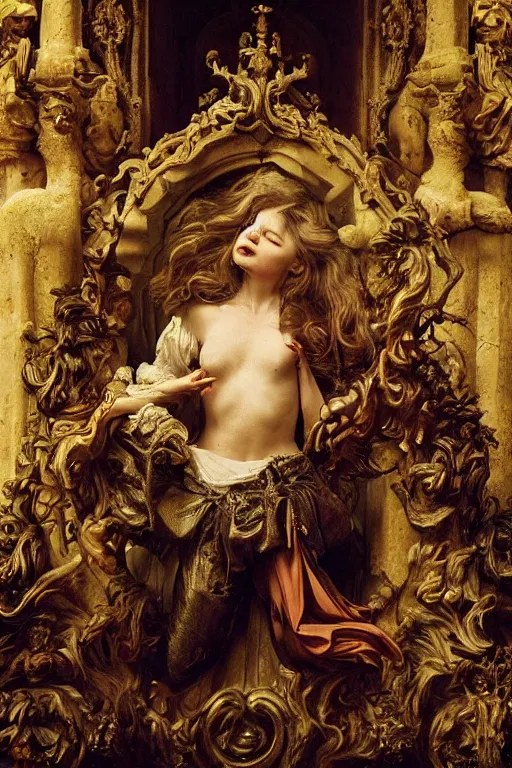 Image similar to the dweller on the threshold dramatic, elaborate emotive Baroque and Rococo styles to emphasize beauty as a transcendental, 8k image, ultra-realistic