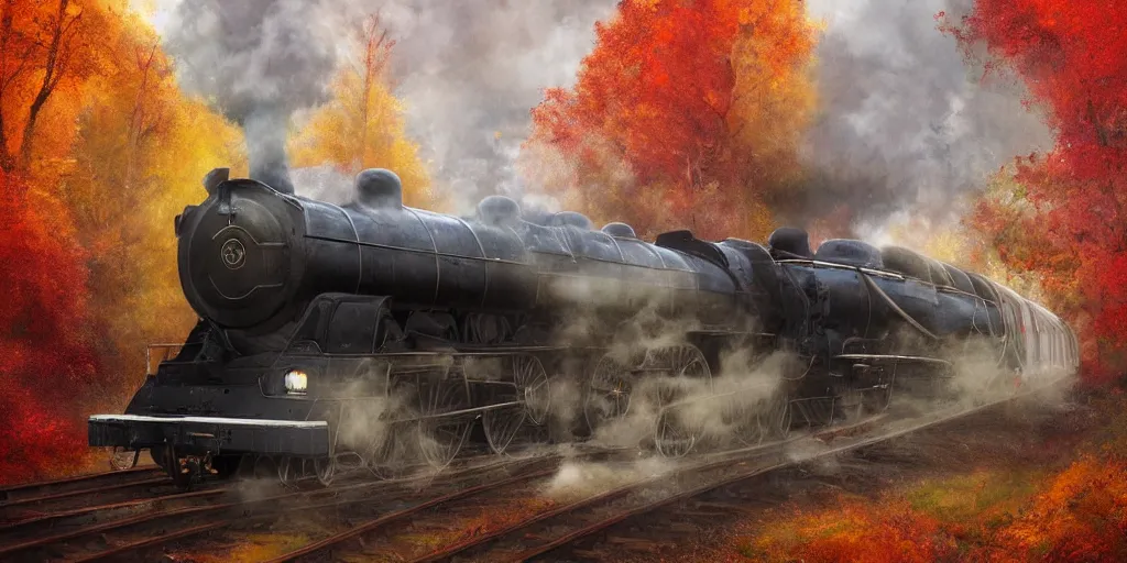 Image similar to A mysterious Hogwarts train in autumn arrives at a station. The leaves on the trees are changing color and falling to the ground. The air is cool and crisp. The train is long and black, and steam is coming out of the engine. The station is busy with people coming and going. by Alejandro Burdisio, Andreas Rocha, Tuomas Korpi, immaculate scale, hyper-realistic, Unreal Engine, Octane Render, digital art, trending on Artstation, 8k, detailed, atmospheric, immaculate
