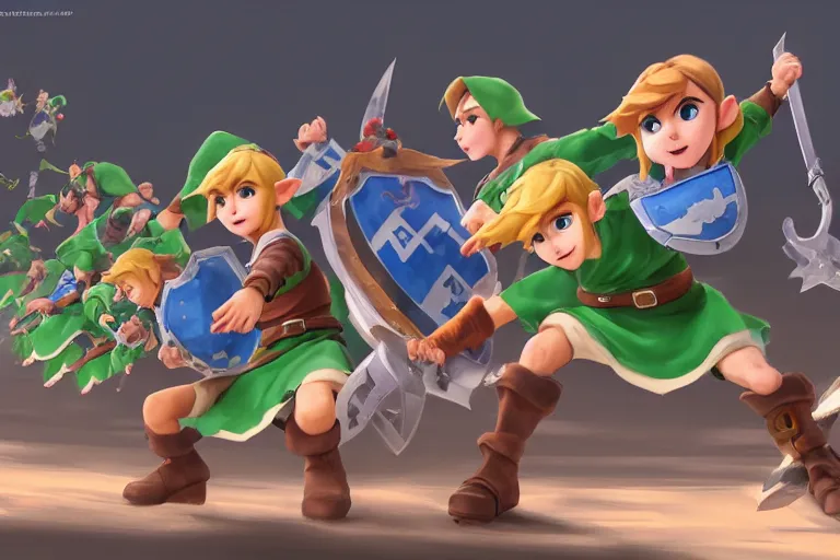 Prompt: surprised Link points at toon Link which points at young Link, all standing in a circle, made by Stanley Artgerm Lau, WLOP, Rossdraws, ArtStation, CGSociety, concept art, cgsociety, octane render, trending on artstation, artstationHD, artstationHQ, unreal engine, 4k, 8k,