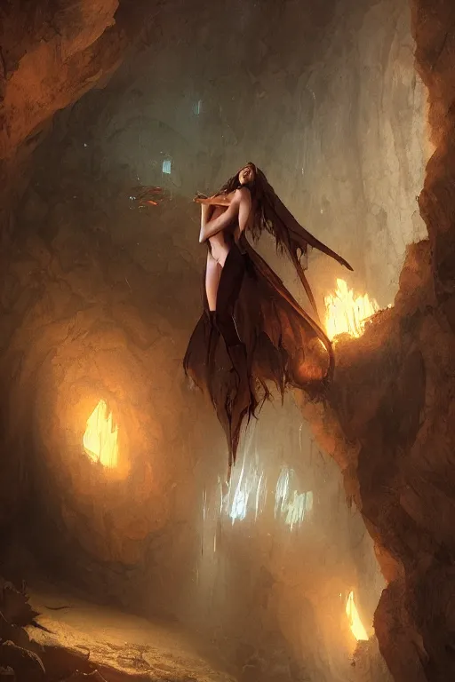 Prompt: a gorgeous succubus in a cave, greg rutkowski, 8 k, shallow depth of field, intricate detail, concept art,