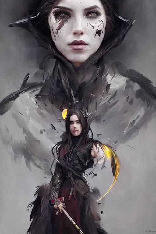 Prompt: hyper realistic portrait painting, beautifully rendered, gorgeous young witch with ceremonial markings and black feathers painted by greg rutkowski, wlop, artgerm, dishonored 2