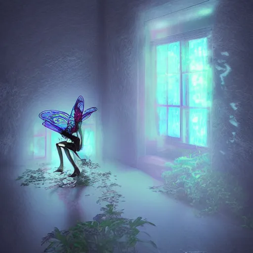 Image similar to fairy flies through a dark room, by alex flores, digital art, 8 k