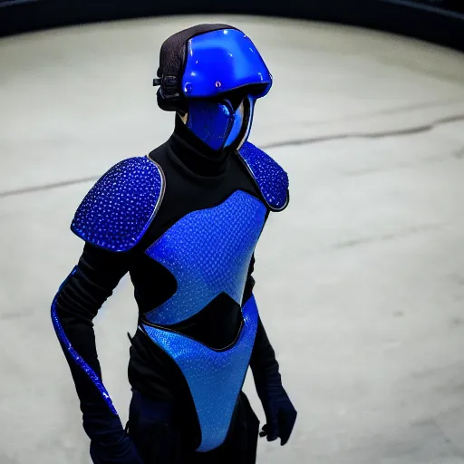 Prompt: low angle upper view of Austin Butler dressed in dark-blue-futuristic-baroque duelist-garb and carbon-armor, standing in an arena, XF IQ4, f/1.4, ISO 200, 1/160s, 8K, RAW, unedited, symmetrical balance, face in-frame