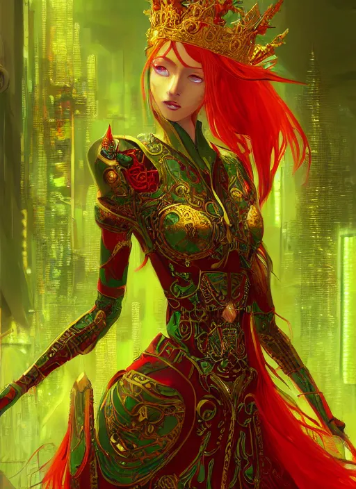 Prompt: a painting of a beautiful cyberpunk elven queen with long red hair, wearing green, red and gold ornate dress, golden intricate crown. detailed symmetrical full body portrait, intricate complexity, concept art, by makoto shinkai and studio madhouse. cinematic dramatic atmosphere, sharp focus