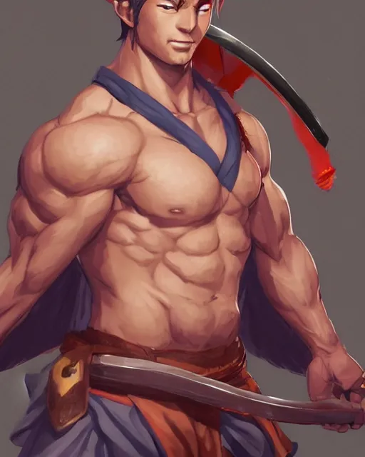 Prompt: A muscular man with fox ears and a katana wearing a kimono, visualartzi, Japanese, concept art by Karla Ortiz, James Paick, Charlie Bowater, Krenz Cushart, highly detailed, ultra detailed, ultra realistic, trending on artstation, cgstudio
