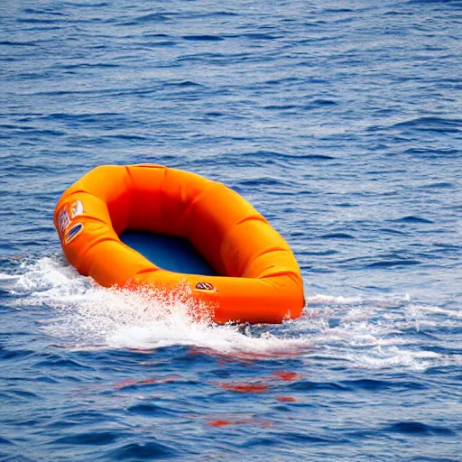 Image similar to an orange life raft drifts in a calm ocean, dramatic contrasting light, 135mm