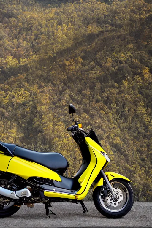 Prompt: yamaha dio with yellow, carbon and white paintjob, mountainroad background, midday, 5 0 0 ccm engine, race style, custom scooter, dslr, 8 5 mm, f / 1. 3