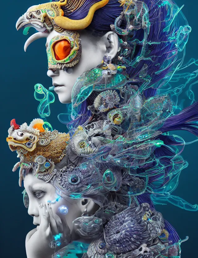 Image similar to 3 d goddess close - up profile solarpunk portrait ram skull. beautiful intricately detailed japanese crow kitsune mask and clasical japanese kimono. betta fish, jellyfish phoenix, bio luminescent, plasma, ice, water, wind, creature, artwork by tooth wu and wlop and beeple and greg rutkowski