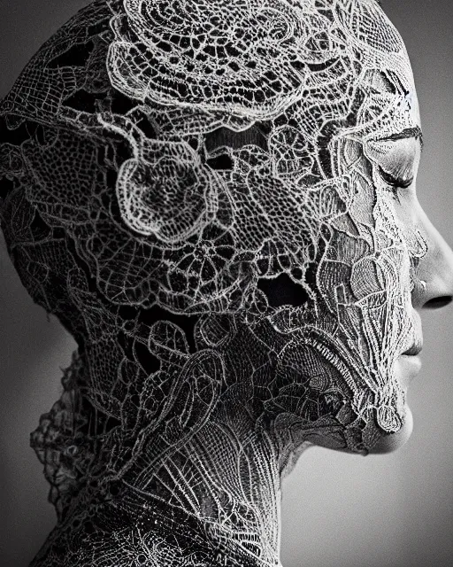 Prompt: a woman's face in profile, made of intricate lace, in the style of the dutch masters and gregory crewdson, dark and moody