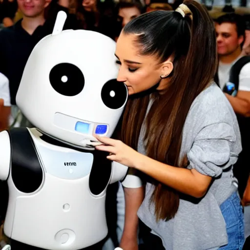 Image similar to ariana grande kissing an android robot mascot at the tech lab 4k photo