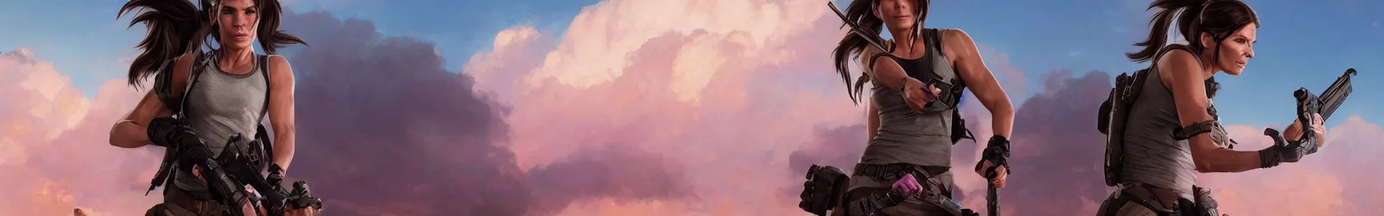 Prompt: Sandra Bullock as Lara Croft with pig-tails smiling looking directly into the camera gleefully, clouds are pink hearts, Alena Aenami, Petros Afshar, Noah Bradley, Anton Fadeev, Anato Finnstark, Steve Henderson, Filip Hodas, Mark Keathley, Thomas Kinkade, Phil Koch, Gilbert Williams, Mike Winkelmann, Beeple