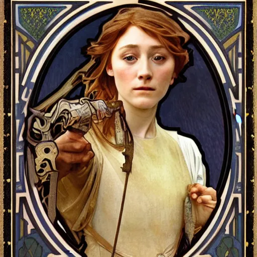 Prompt: realistic detailed face portrait of Saoirse Ronan as Joan of Arc by Alphonse Mucha, art nouveau