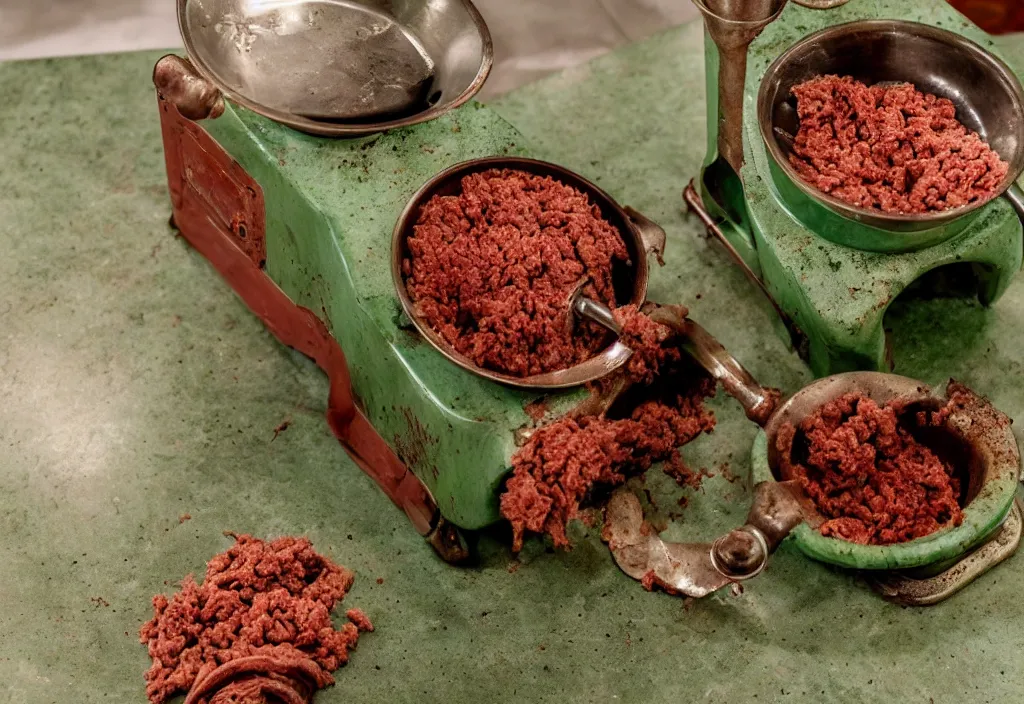 Prompt: a rusty vintage meat grinder full of ground beef and ketchup on a green marble table