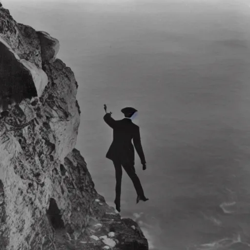 Prompt: anthro fox man in suit about to fall off cliff into scary stormy ocean, far shot, 1920s film