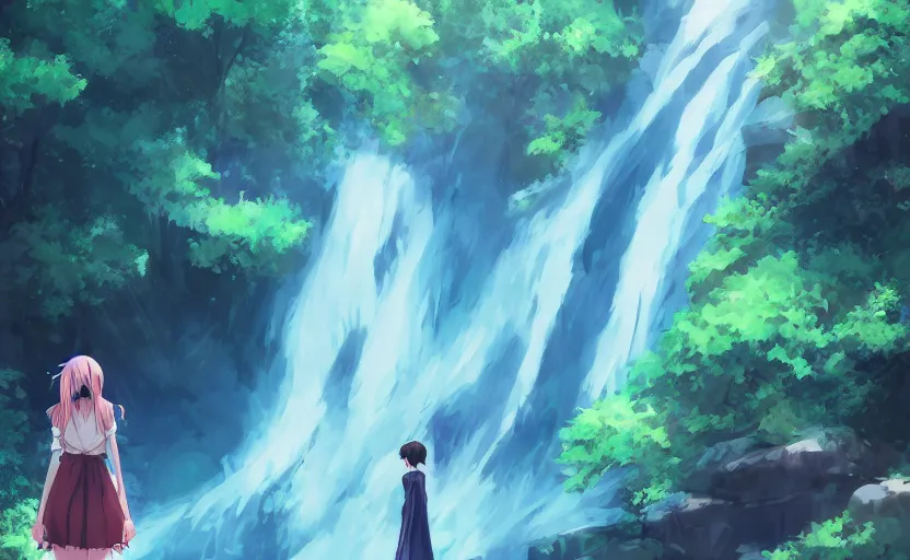 Image similar to An anime girl in a flowing dress, standing in front of a waterfall, anime scenery by Makoto Shinkai, digital art