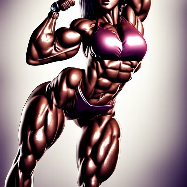 Prompt: muscle girl, chrome, highly detailed, 4 k, hdr, smooth, sharp focus, high resolution, award - winning photo, sakimichan, photorealistic