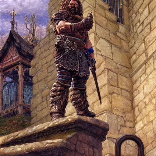 Image similar to The dwarven warrior cleric is standing on the stone spiral staircase and is confused, art by Donato Giancola and James Gurney, digital art, trending on artstation