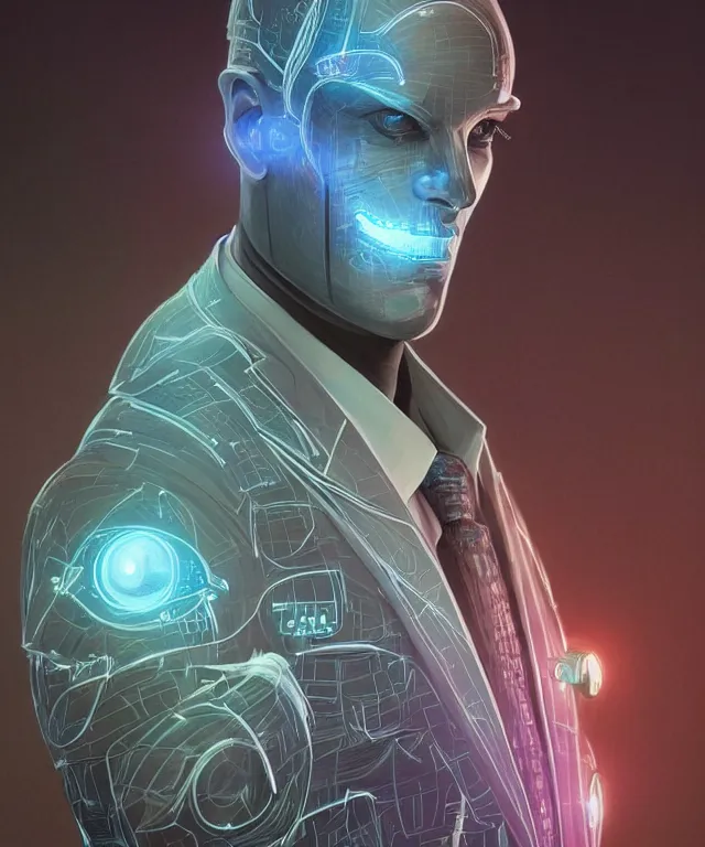 Image similar to a male android portrait wearing a suit and tie, surrealism, scifi, intricate, elegant, sharp eyebrows, highly detailed cybernetic body, neon glowing eyes, digital painting, artstation, concept art, smooth, sharp focus, illustration, art by artgerm and moebius and peter mohrbacher