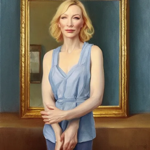 Image similar to painting of cate blanchett, fullbody, in low-cut blouse in front of a mirror, painting by Vladimir Volegov