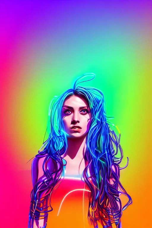 Image similar to a award winning half body portrait of a beautiful woman with stunning eyes in a croptop and cargo pants with rainbow colored ombre hairstyle head in motion and hair flying by thomas danthony, outlined by whirling illuminated neon lines, outrun, vaporware, shaded flat illustration, digital art, trending on artstation, highly detailed, fine detail, intricate