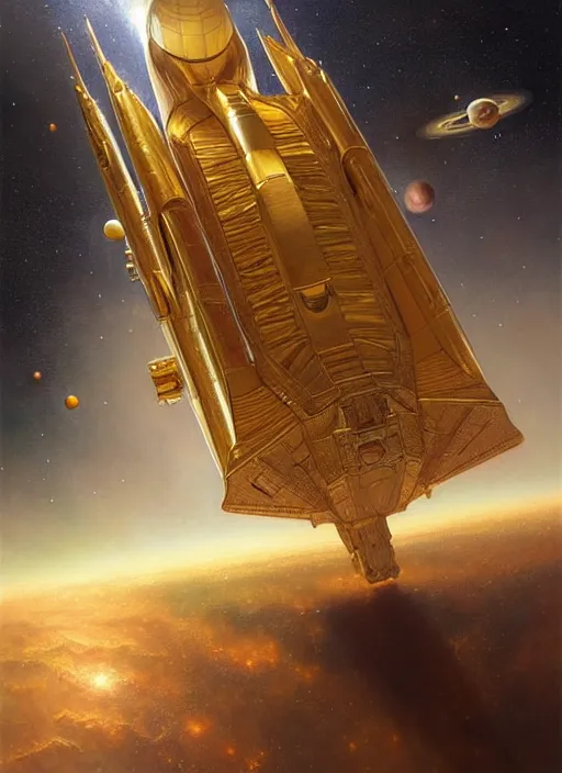 Prompt: Giant golden space cruiser in space , diffuse lighting, fantasy, intricate, elegant, highly detailed, lifelike, photorealistic, digital painting, artstation, illustration, concept art, smooth, sharp focus, art by John Collier and Albert Aublet and Krenz Cushart and Artem Demura and Alphonse Mucha