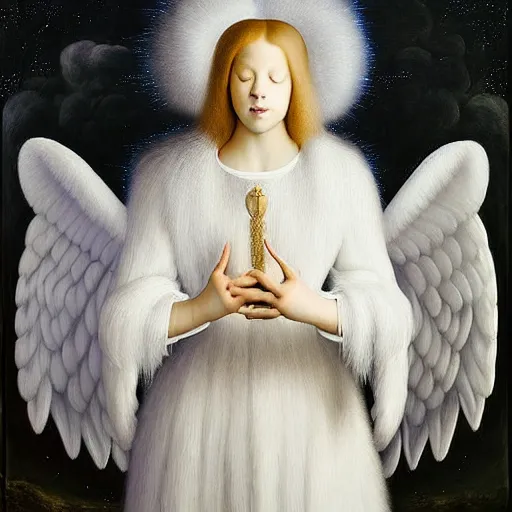 Prompt: highdetailed hyperrealistic painting of white angel!!! no gender!!!, giant ball of miracle light from the chest!!!!!, white sparkles everywhere, 4 k hd fur face!!!, big wings, by jan van eyck, holography space, glow effect, large strokes, white monochrome color!!!!!