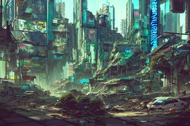 Image similar to a cyberpunk city in ruins, jungle plants overgrowing the streets and buildings, cats run through the ruins, drinking from pools of water and climbing on old fallen signs, by artgerm and amano and rutkowski and kincaid, trending on artstation