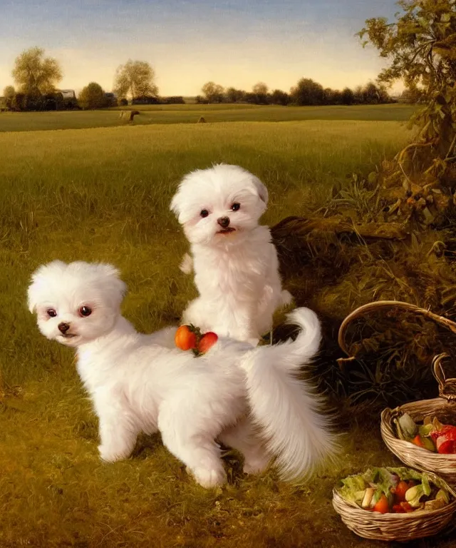 Prompt: masterful oil on canvas painting, eye - a cute happy white morkie puppy with a cornucopia full of fruit and vegetables. in the background is idyllic grassy field. by ambrosius benson and gerald brom. golden hour, detailed, depth, volume, chiaroscuro, quiet intensity, vivid color palette.