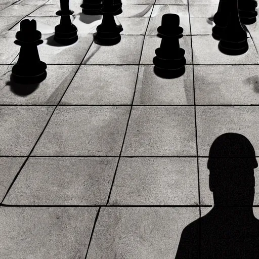 Prompt: man standing in front of giant chess piece, dark, atmospheric, digital art