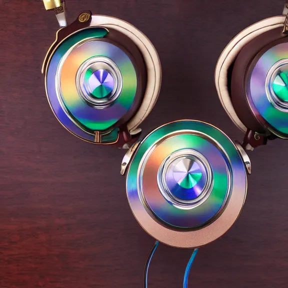 Image similar to masterpiece photo of beautiful crafted artistic bismuth metal headphones, bismuth rainbow metal, bismuth cups, leather padding, displayed on mahogany desk, modernist headphones, bismuth headphones beautiful well designed, hyperrealistic, audiophile, intricate hyper detail, extreme high quality, photographic, meze audio, sennheiser, hifiman, artstation