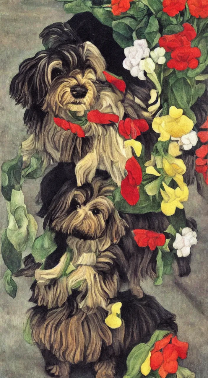 Image similar to one havanese dog, carrying flowers, mexico, painting # by diego rivera 1 9 3 5