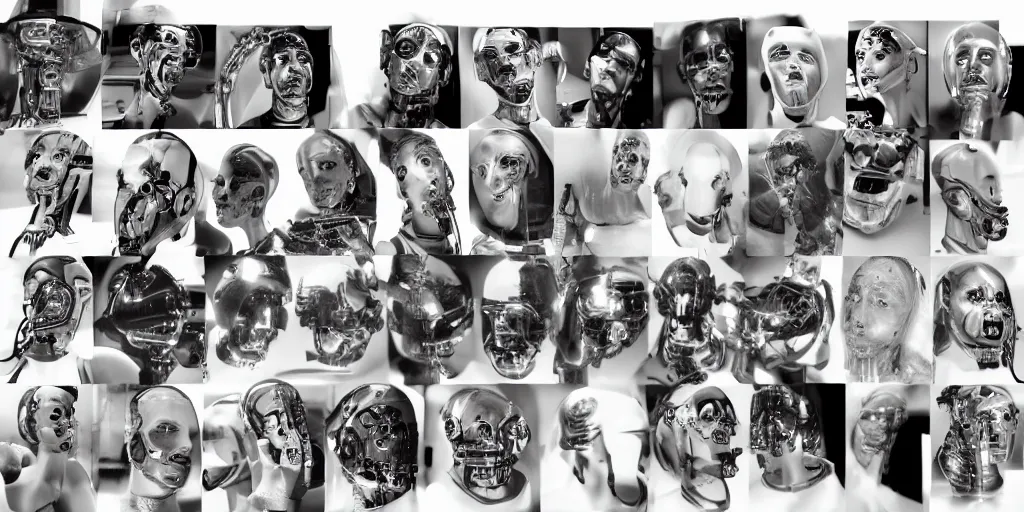 Image similar to !13 diverse cyborgs on !one_side of a reflective !cybernetic table, !!posing_as_last_supper, inticrate detailed glowing implants, !!highly detailed, beautiful lighting