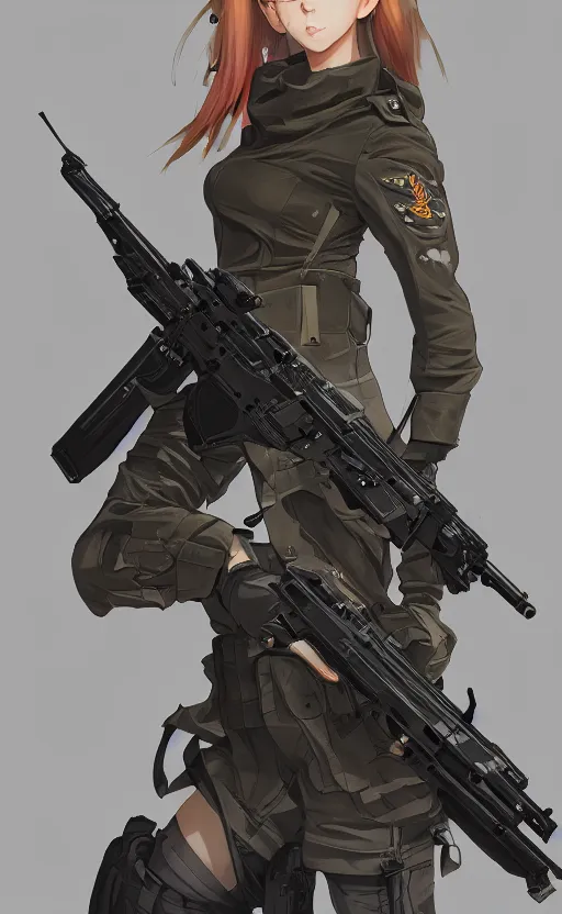 Prompt: highly detailed, high resolution, character design art, stunning, volumetric lightning, realistic guns, girls frontline style, matte, sharp focus, 130mm, illustration, artstation, by ilya kuvshinov, professional result, realistic human anatomy, simple design, realistic military gear, metal gear style