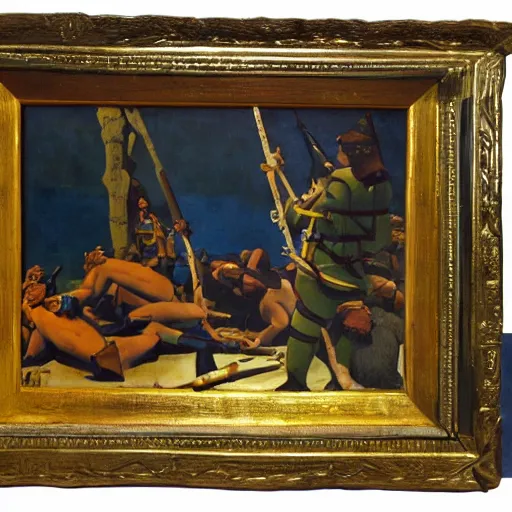 Prompt: a naturalist vintage painting of shining metal spanish conquistador soldiers lying on the ground by nicholas roerich by gustave moreau, by eyvind earle by bruce pennington by georgia o keeffe, blood, skin reflective metallic