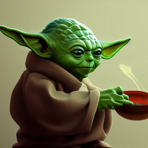 Prompt: Yoda eating soup, hyperdetailed, artstation, cgsociety, 8k