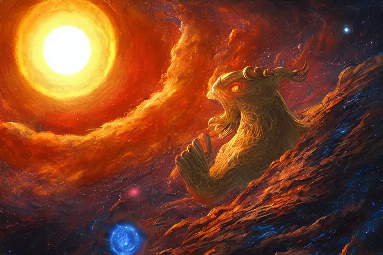 Image similar to a cosmic monster eating the sun, digital painting, mixed media, trending on artstation and deviantart, epic composition, highly detailed, 8 k