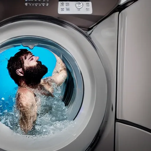 Prompt: tiny bearded Canadian snorkeling inside washing machine, sports photography, detailed, 4k