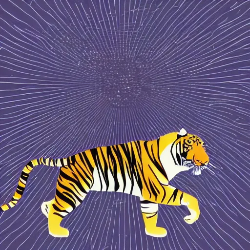 Image similar to tiger walking with backdrop showing the sky, palm tres. the tiger has sharp claws and teeth. in geometric illustration style