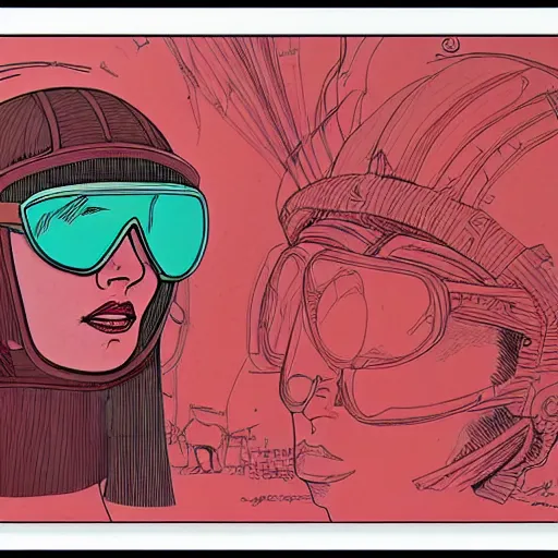 Image similar to woman wearing aviator helmet and googles, drawn by jean giraud and moebius, red tones, detailed drawing, flat colors