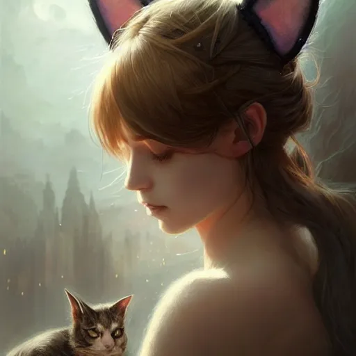 Image similar to girl with small cat ears, fine art, awesome fantasy book cover on pinterest, award winning, dark fantasy landscape, fantasy magic, intricate, elegant, sharp focus, cinematic lighting, highly detailed, digital painting, concept art, art by wlop and artgerm and greg rutkowski, masterpiece, trending on artstation, 8 k