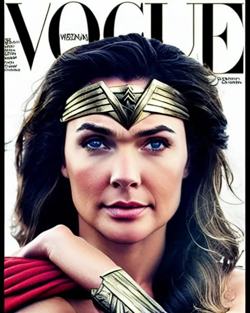 Image similar to Wonder Woman with Chris Hemsworth face, Vogue cover photo