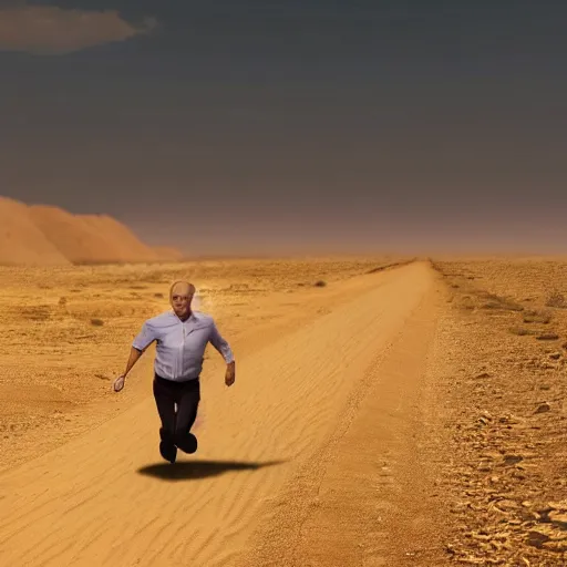 Image similar to benjamin netanyahu running in the middle of the desert, highly realistic, golden lighting, 8 k, cinematic, detailed